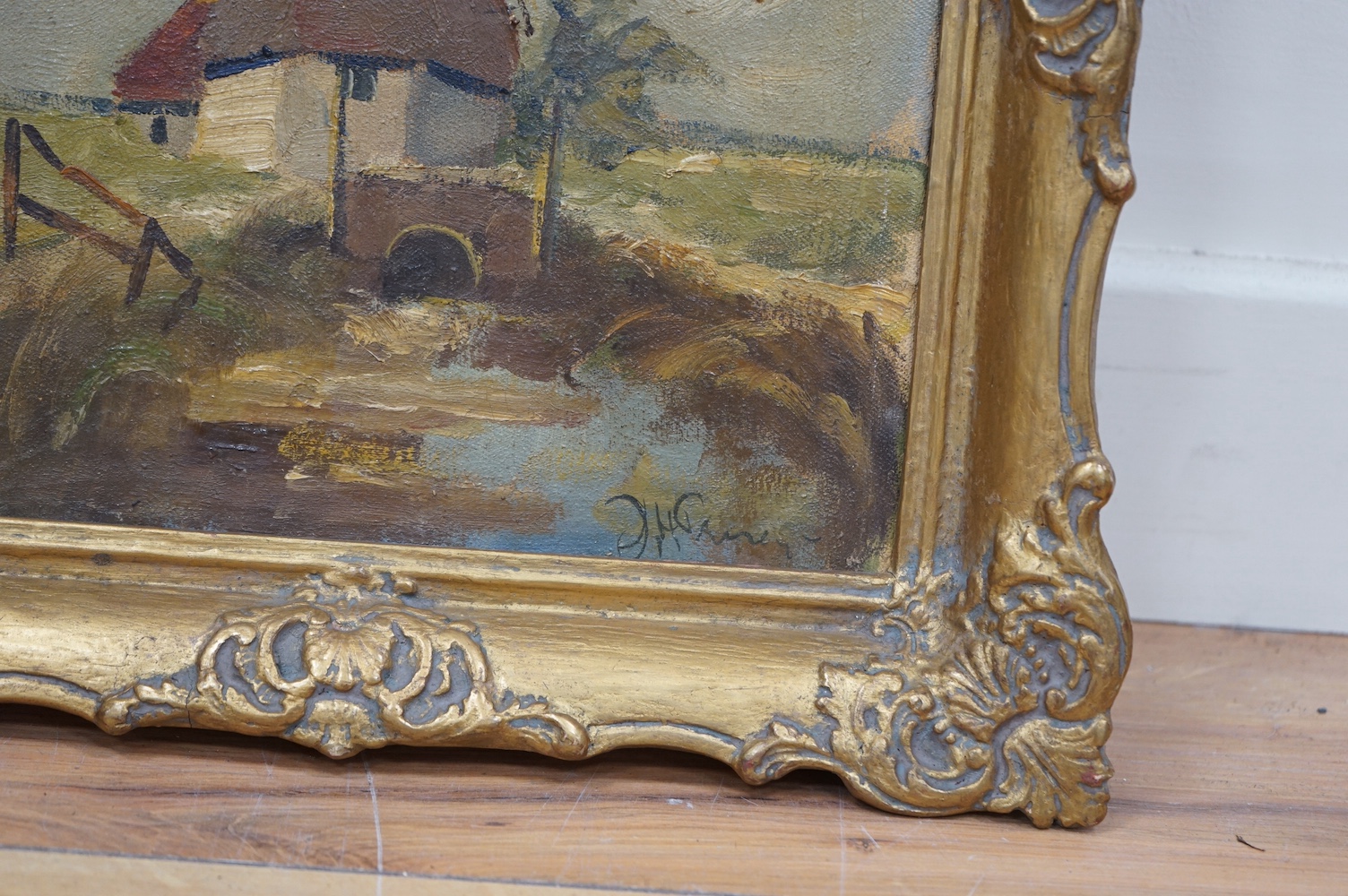 German School, oil on canvas, Study of a windmill, indistinctly signed lower right, 28 x 23cm, ornate gilt frame. Condition - fair, would benefit from a clean